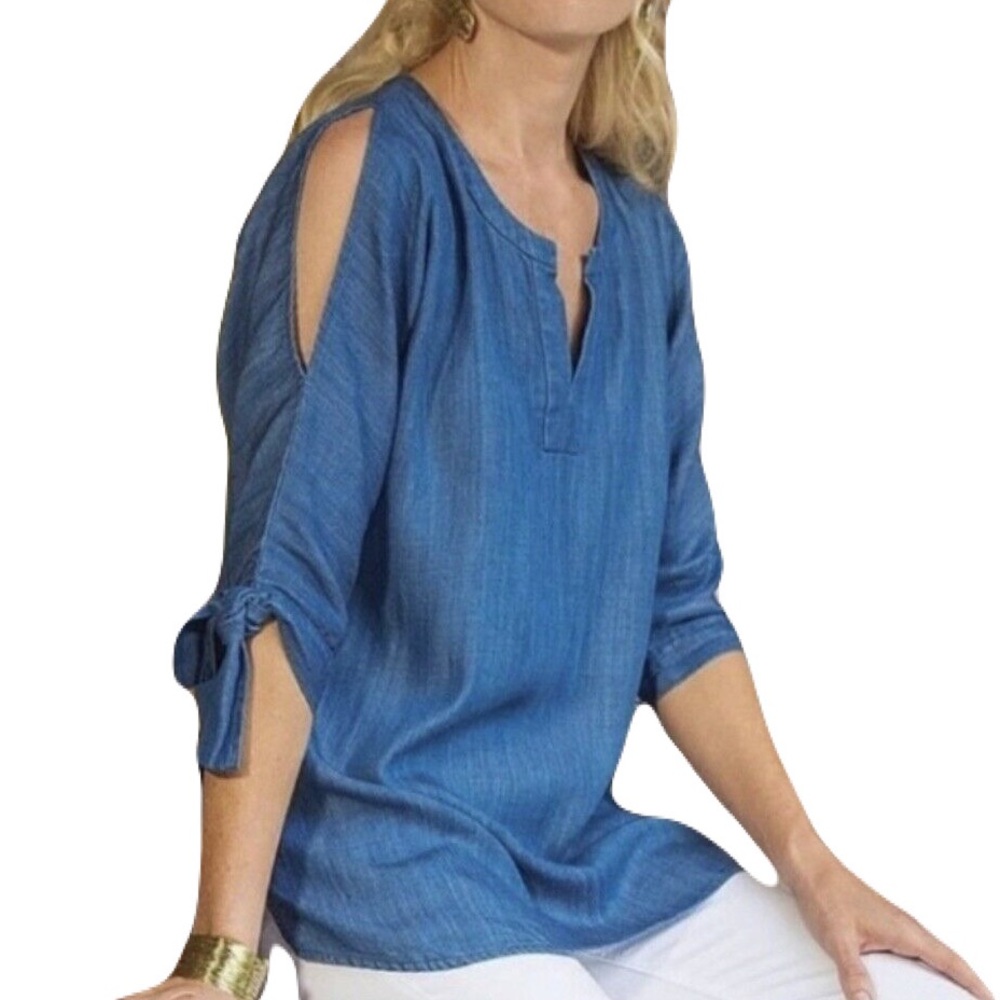 Soft Surroundings Tencel Cold Shoulder Shirt Top Blue Chambray Tie Sleeve